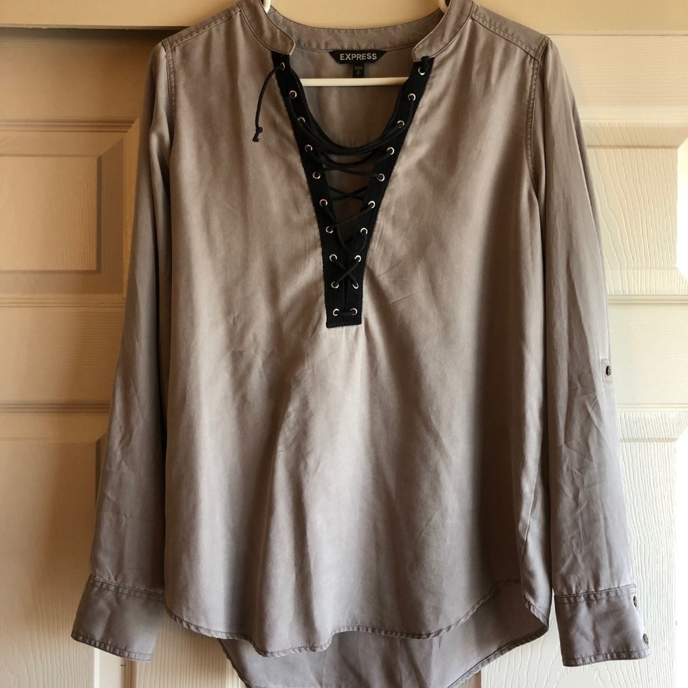 Express Taupe and Black Tie Up Front Shirt